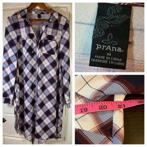 PrAna Oversized Plaid Flint Snap Front Collard Maxi Shirt Dress Outdoorsy Preppy